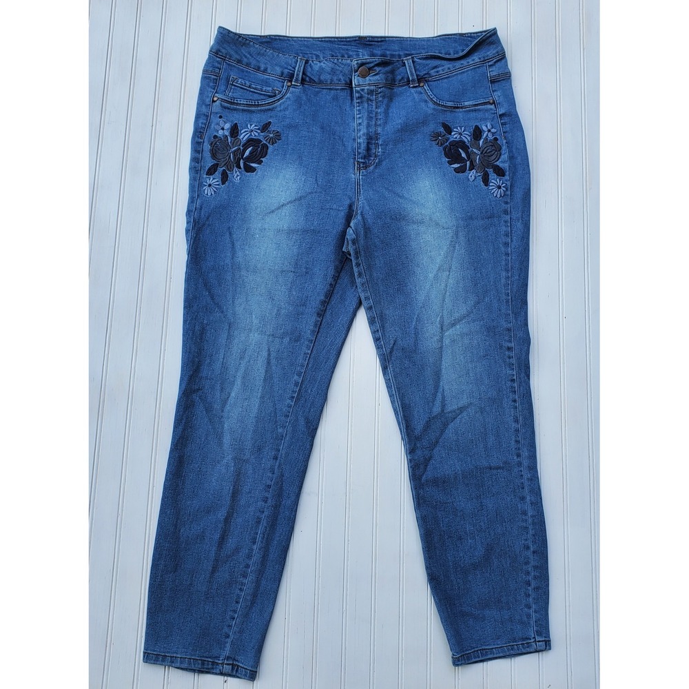Workshop Republic Clothing Womens 16W Embroidered Floral Ankle Jeans Blue Denim